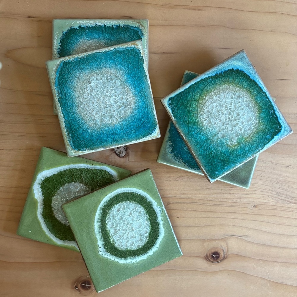 Anthropologie Geode Ceramic Coasters • Aqua Coaster • Green Coaster • sets of 2